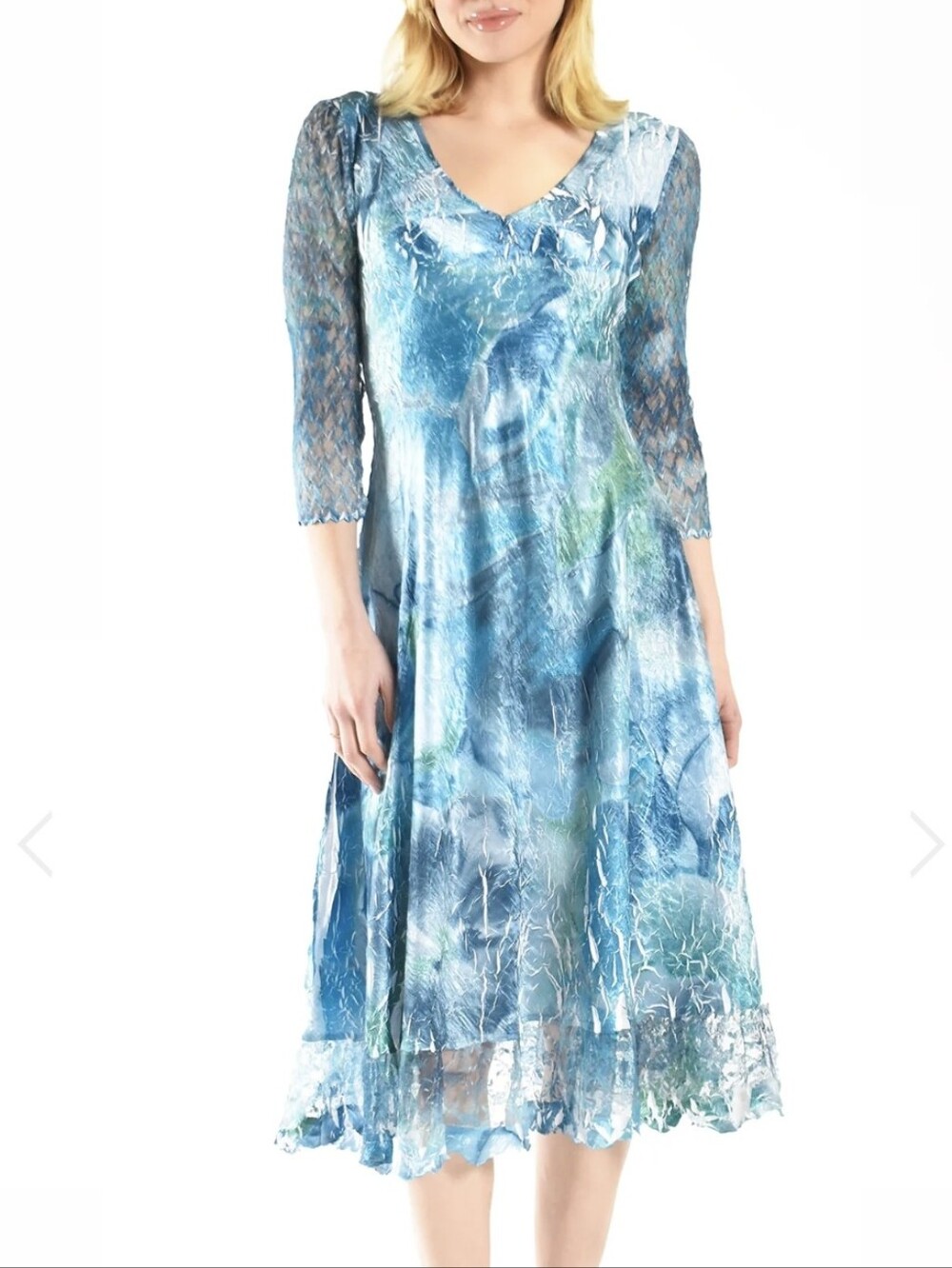 Komarov Lace-Sleeve Charmeuse Midi Cocktail Travel Dress - Size L